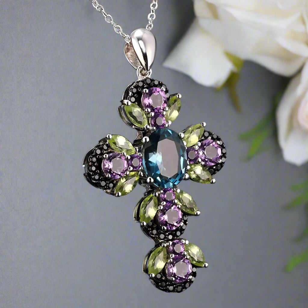 Vintage Oval-cut Natural London Blue Topaz Cross Necklace-Black Diamonds New York