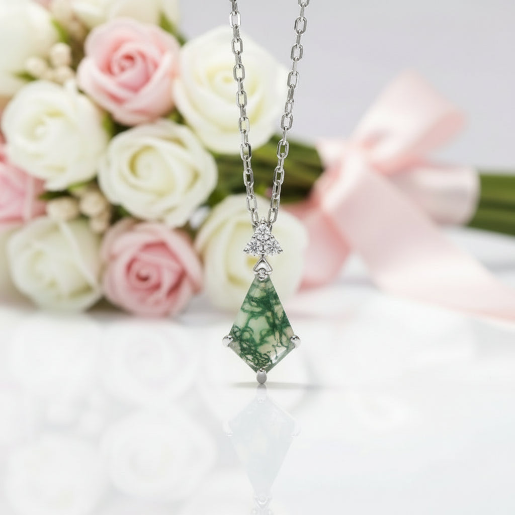 Kite Shape Moss Agate Pendant Necklace-Black Diamonds New York