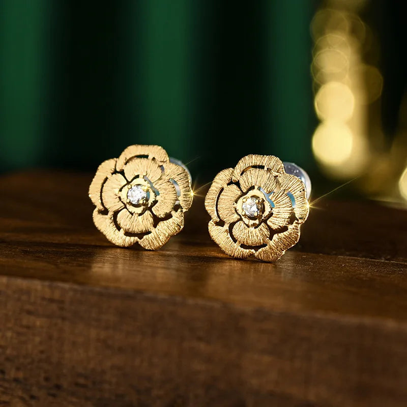 18k Yellow Gold Natural Diamond Camellia Earrings-Black Diamonds New York
