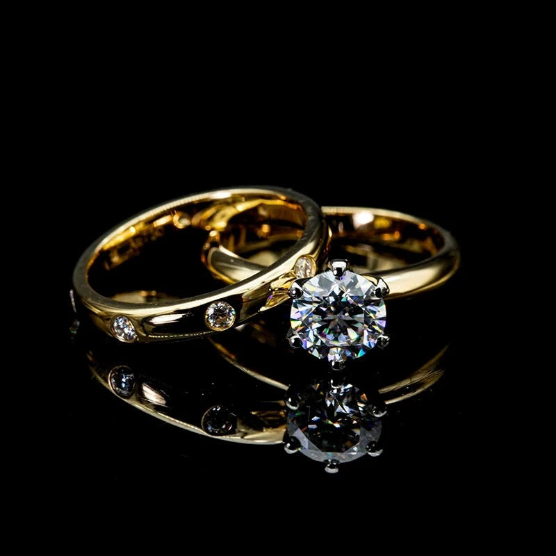 14K Yellow Gold 1.0 Ct Round Moissanite Diamond Ring Set-Black Diamonds New York