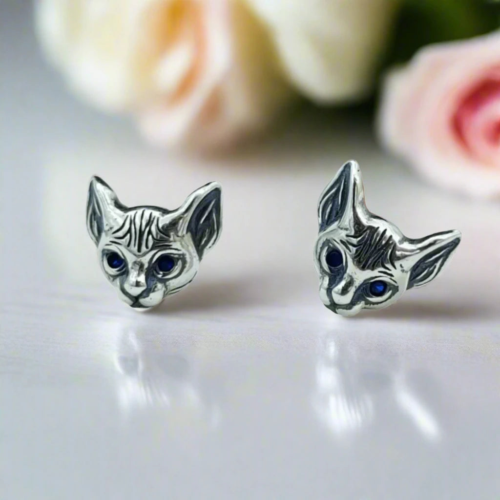 Blue-Eyed Kitten Head Earrings-Black Diamonds New York