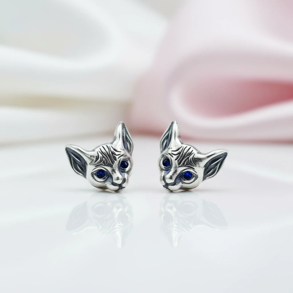 Blue-Eyed Kitten Head Earrings-Black Diamonds New York