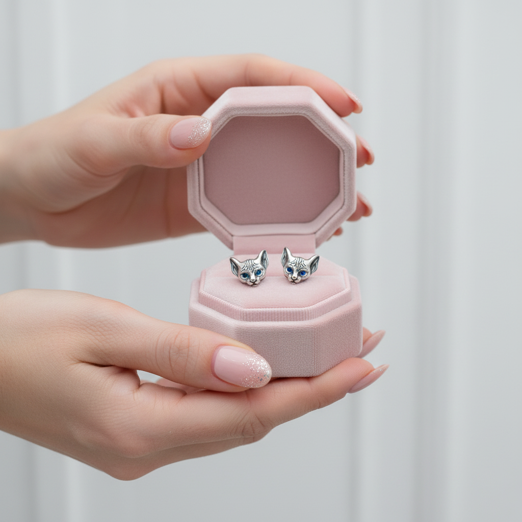 A pair of silver fox-head stud earrings with blue gemstone eyes displayed in an open pink octagonal jewelry box, held by two hands with glittery pink nails against a soft light gray background.