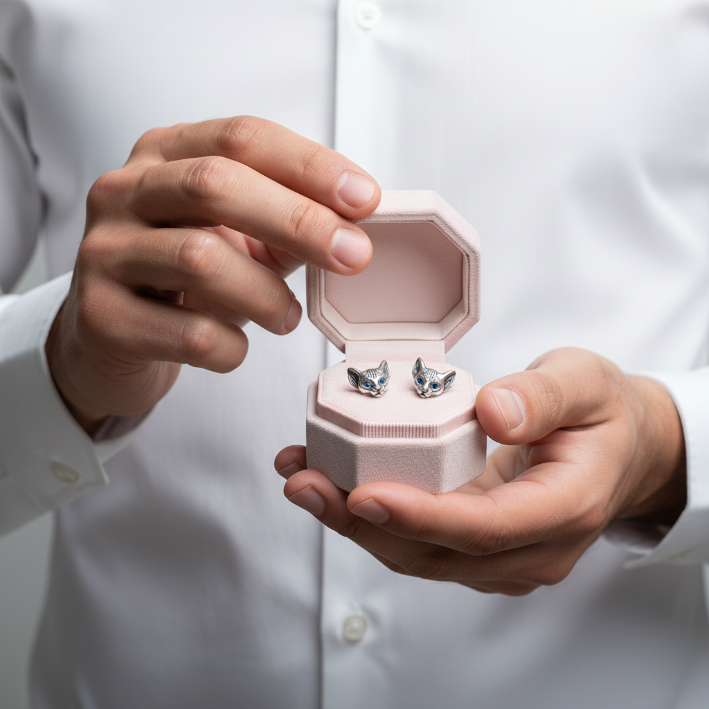 A close-up of a person in a white dress shirt holding an open pale pink jewelry box with a pair of silver-toned earrings inside.