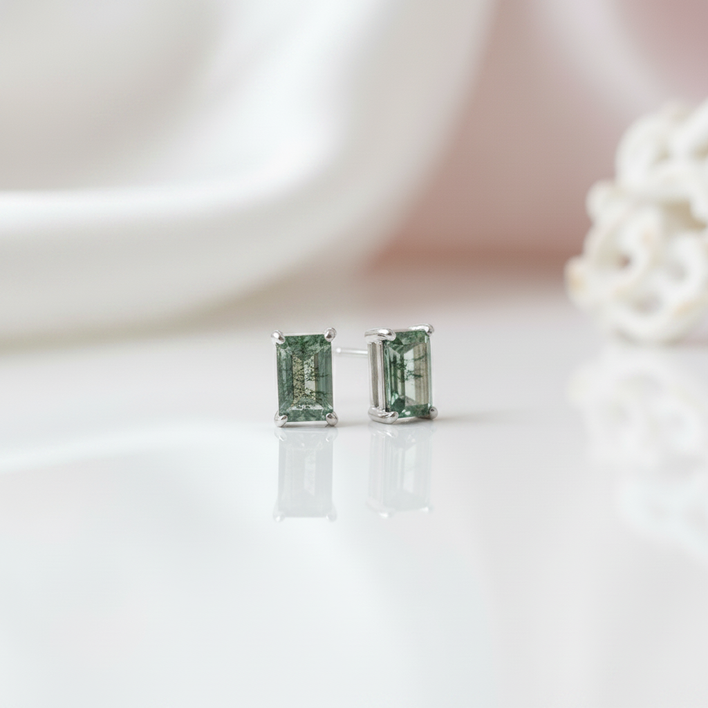 Emerald Cut Moss Agate Stud Earrings-Black Diamonds New York