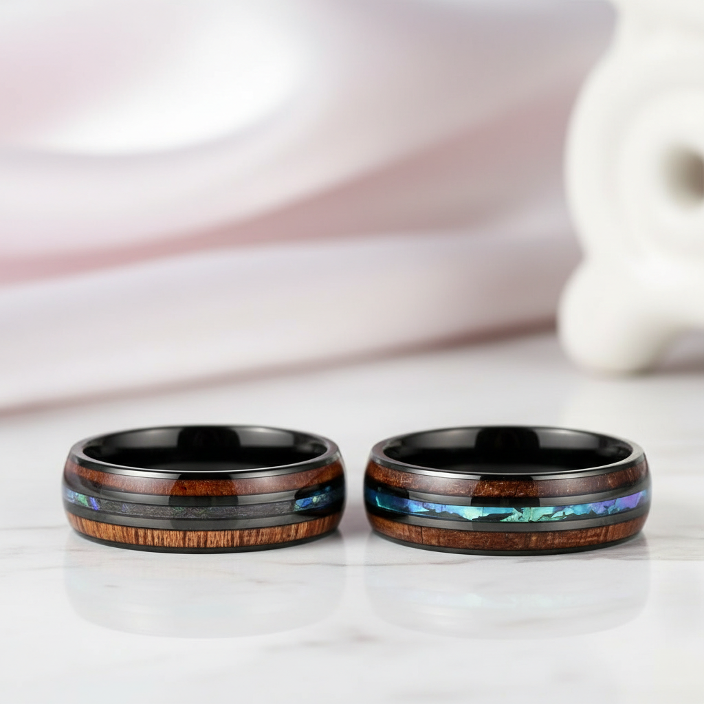 Koa Wood and Abalone Shell Inlay Tungsten Carbide Men's Ring-Black Diamonds New York