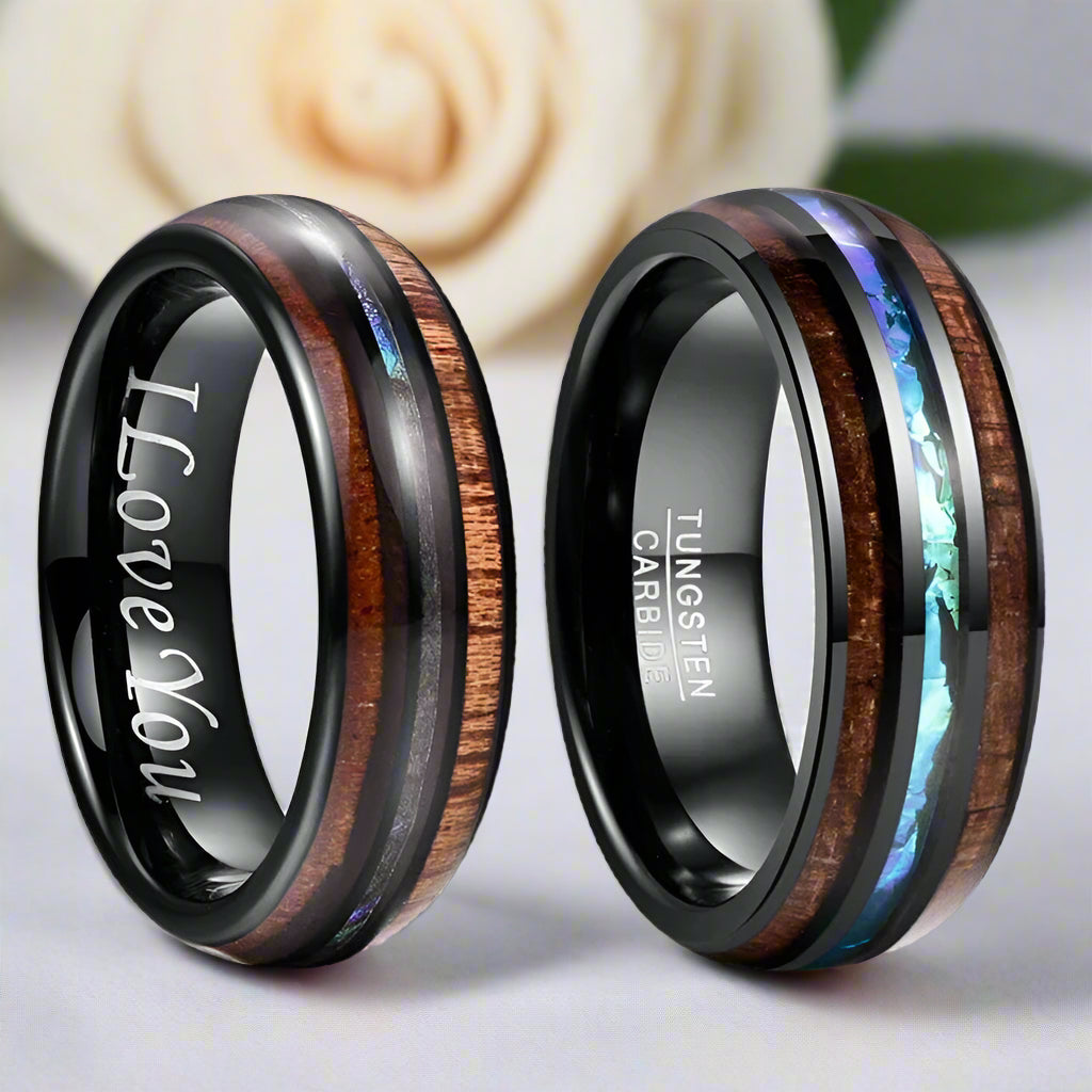 Koa Wood and Abalone Shell Inlay Tungsten Carbide Men's Ring-Black Diamonds New York