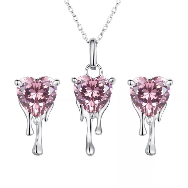 Heart-Cut Created Diamond with Drip Design Necklace & Earrings Jewelry Set-Black Diamonds New York