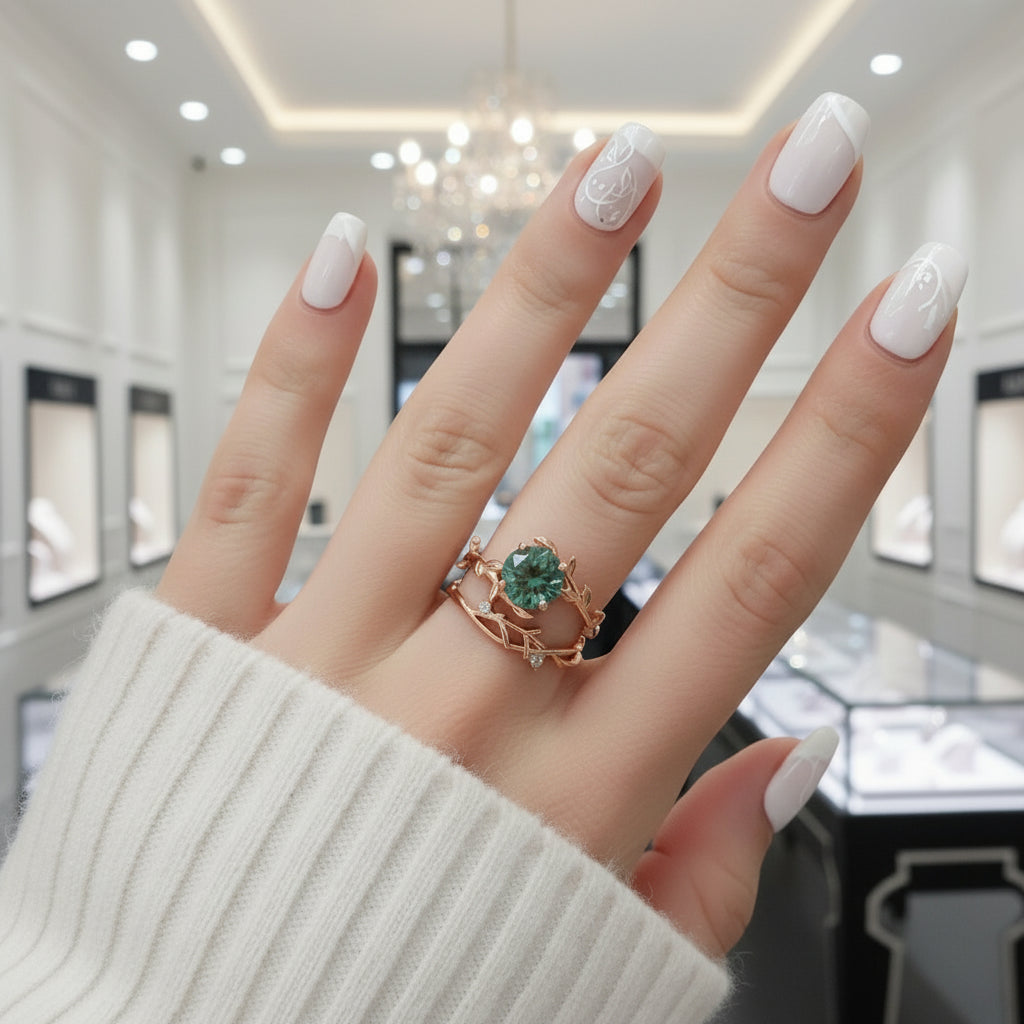 Green Moss Agate Vintage Leaf Style Resizable Ring Set-Black Diamonds New York