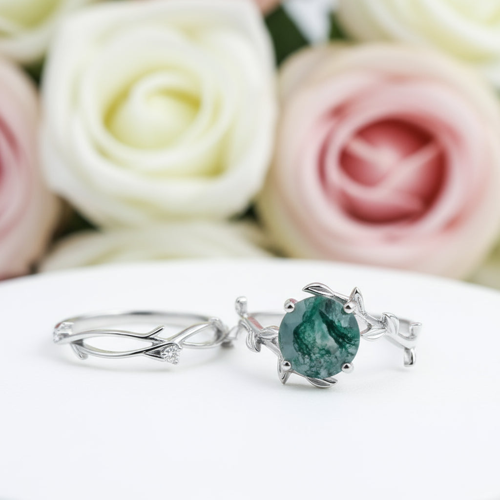 Natural Moss Agate Jewelry Set-Black Diamonds New York