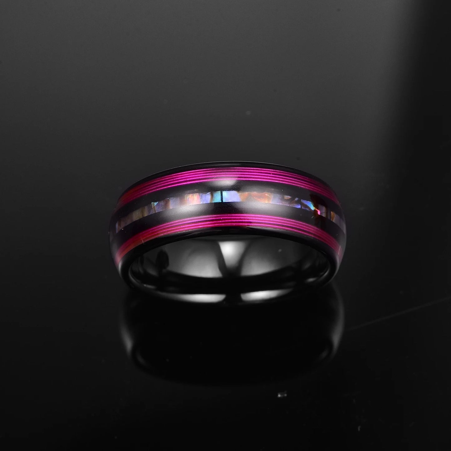 8mm Dome Black Tungsten Wedding Band with String & Abalone Inlay-Black Diamonds New York