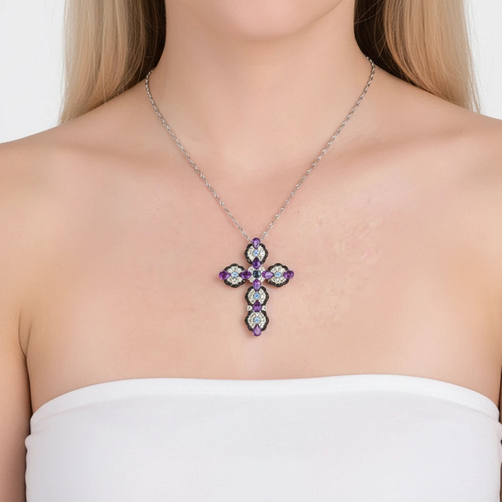 Natural Topaz and Amethyst Gemstone Cross Pendant Necklace-Black Diamonds New York