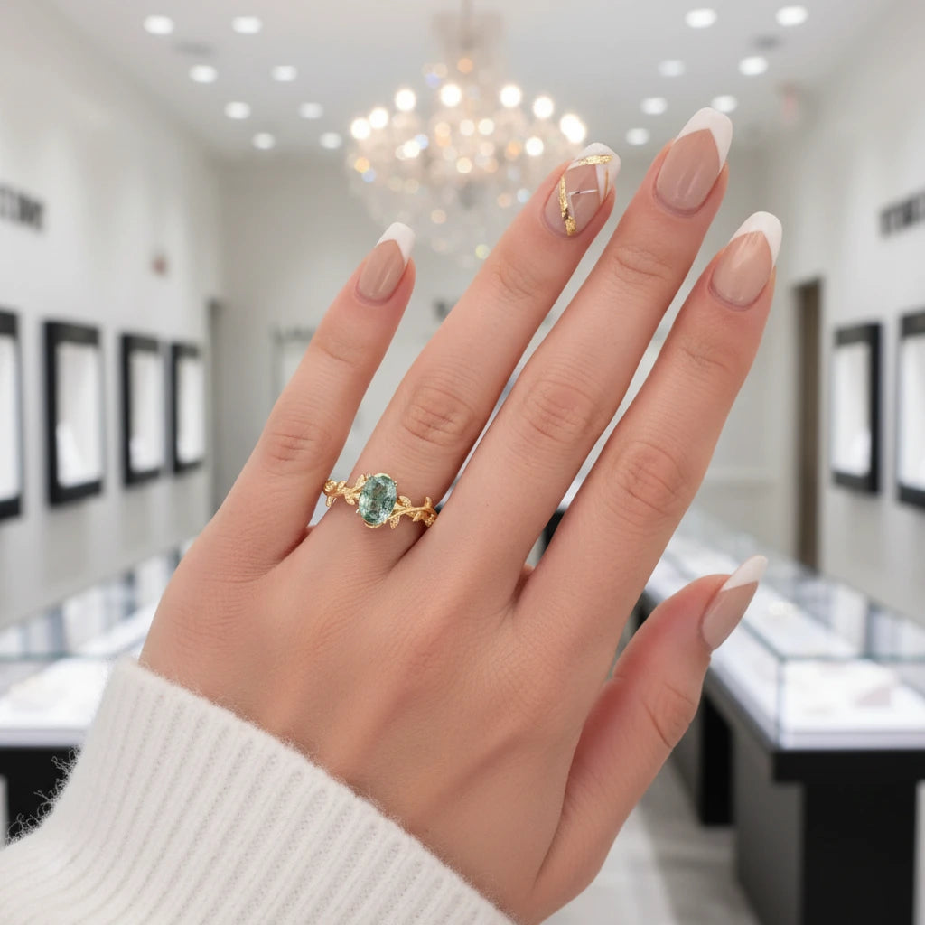 Leaf Branch Oval Moss Agate Cocktail Ring-Black Diamonds New York