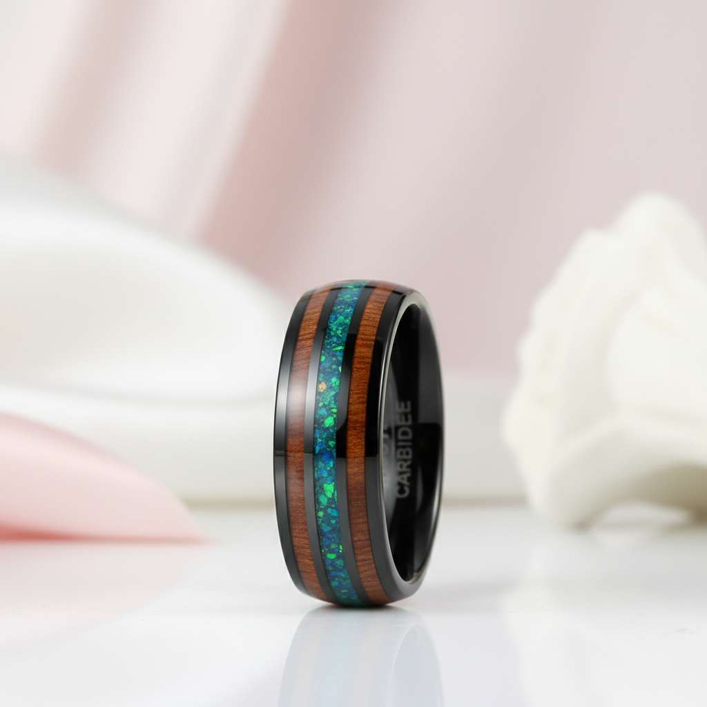 Acacia Wood and Green Opal Tungsten Carbide Ring-Black Diamonds New York