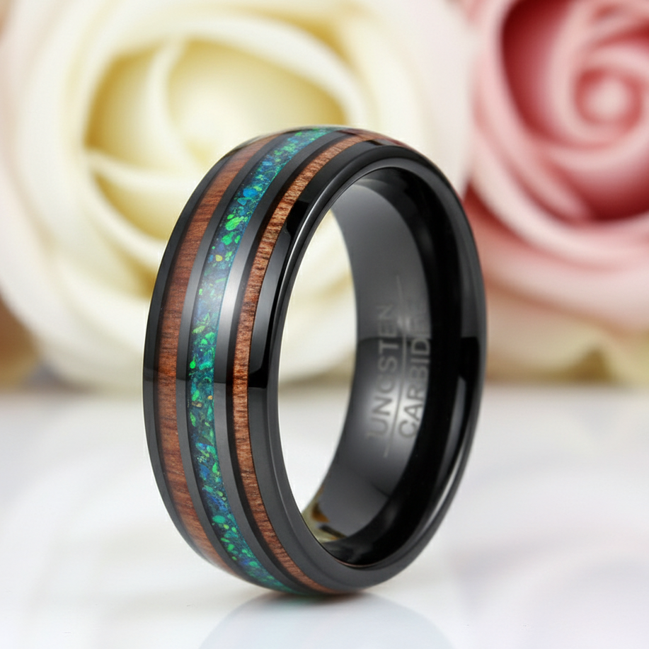 Natural Acacia Wood and Green Opal Tungsten Carbide Ring-Black Diamonds New York