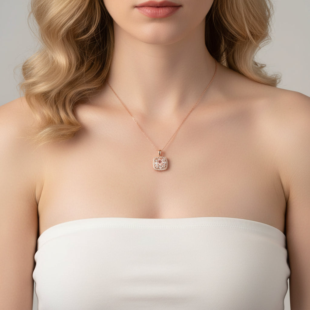 Round-cut Morganite Halo Rose Gold Necklace-Black Diamonds New York