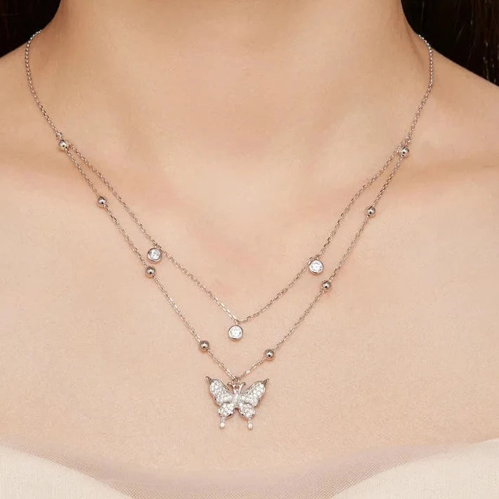 Double-layer Tassel Butterfly Pendant Necklace with EVN Diamond-Black Diamonds New York