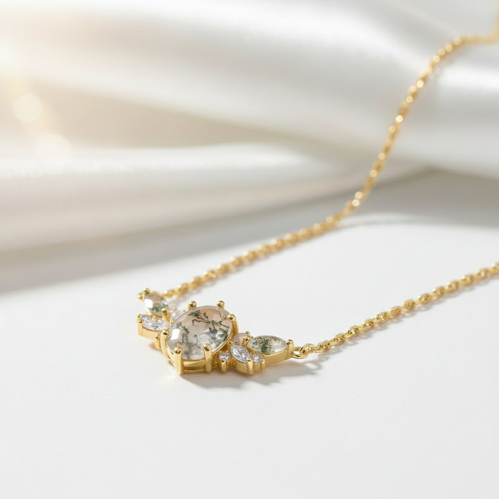 Aquatic Green Moss Agate Clavicle Necklace-Black Diamonds New York