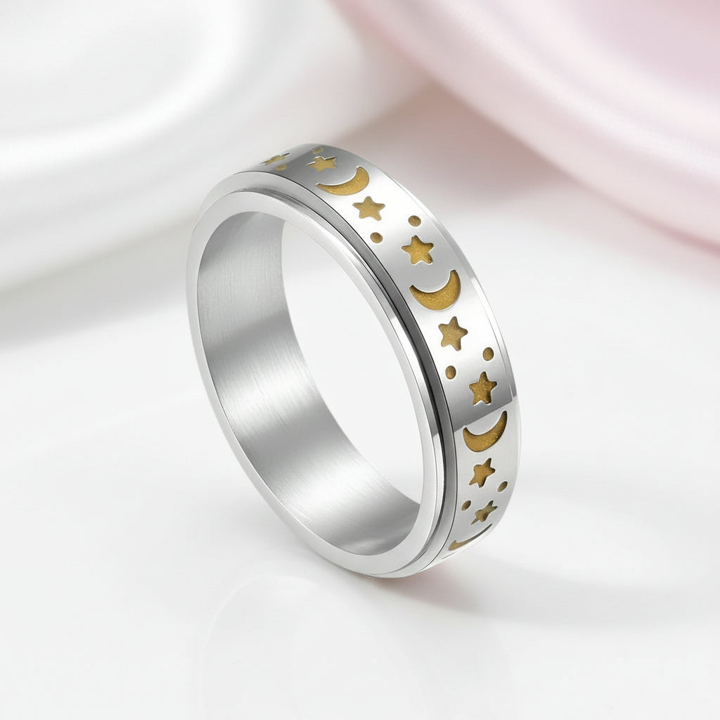 Star and Moon Titanium Steel Rotatable Luminous Ring-Black Diamonds New York
