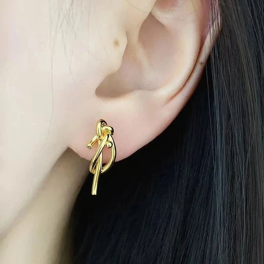 18k Yellow Gold Simple Knot Earrings-Black Diamonds New York
