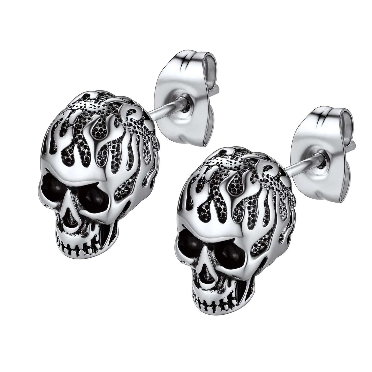 Flame Skull Gothic Unisex Stud Earrings-Black Diamonds New York