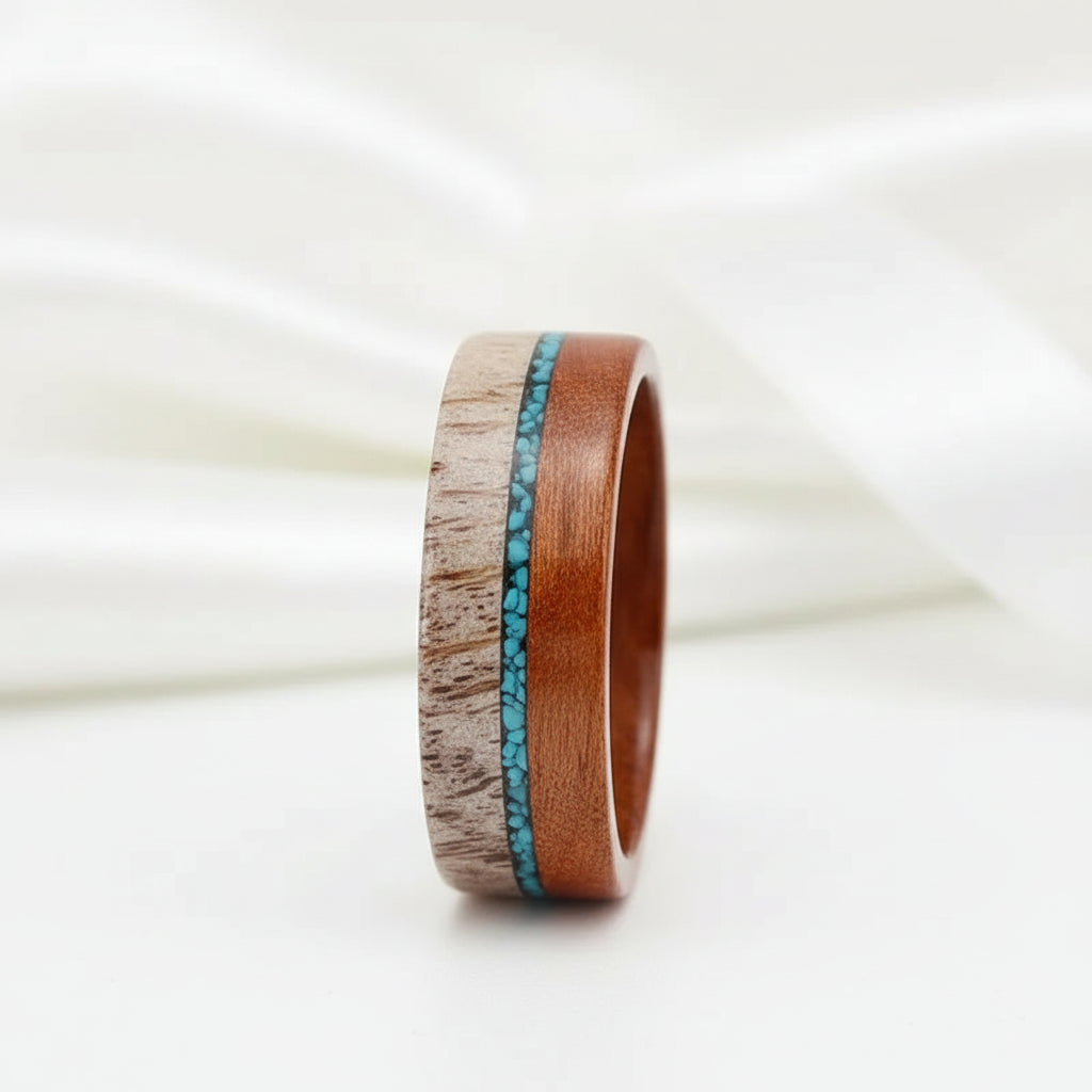 Redwood, Turquoise, and Deer Antler Inlay Tungsten Carbide Men's Ring-Black Diamonds New York