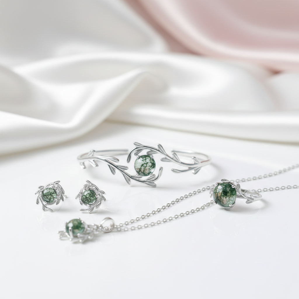 Natural Moss Agate Jewelry Set-Black Diamonds New York