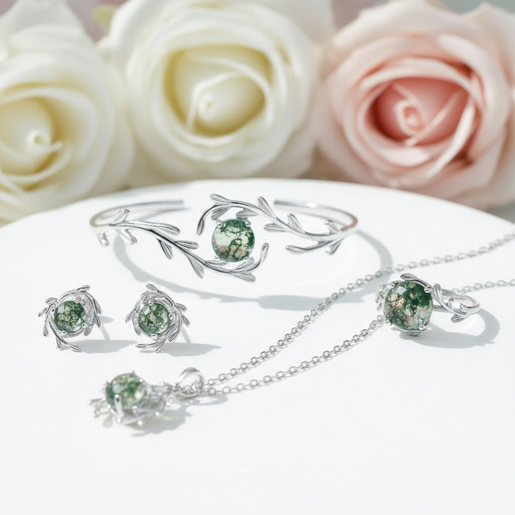 Natural Moss Agate Jewelry Set-Black Diamonds New York