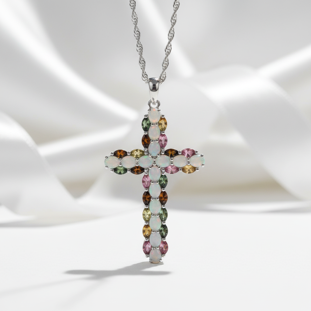 Oval cut Opal & Multi Gemstones Cross Pendant Necklace-Black Diamonds New York
