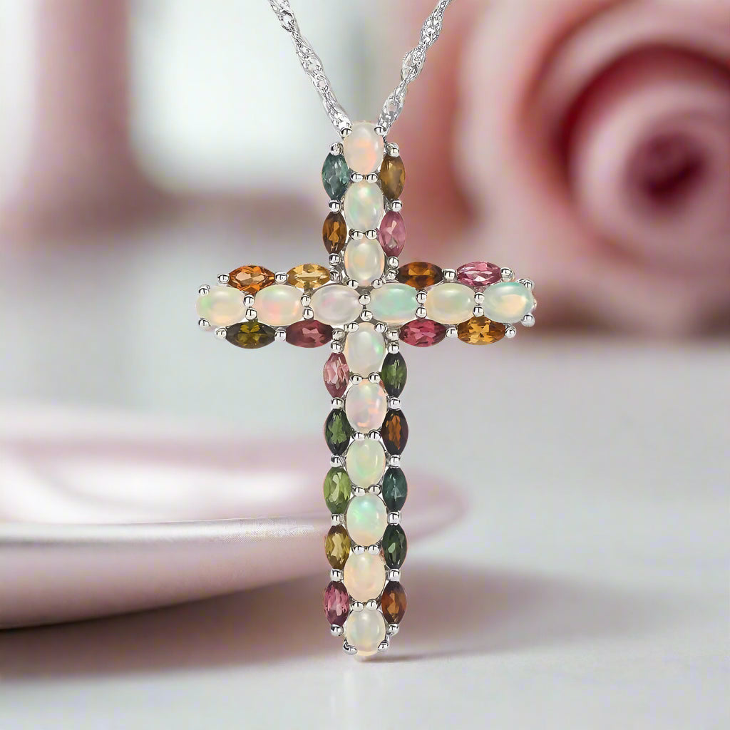 Oval cut Created Opal & Multi Gemstones Cross Pendant Necklace-Black Diamonds New York
