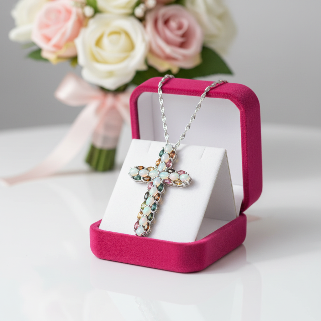 Oval cut Opal & Multi Gemstones Cross Pendant Necklace-Black Diamonds New York