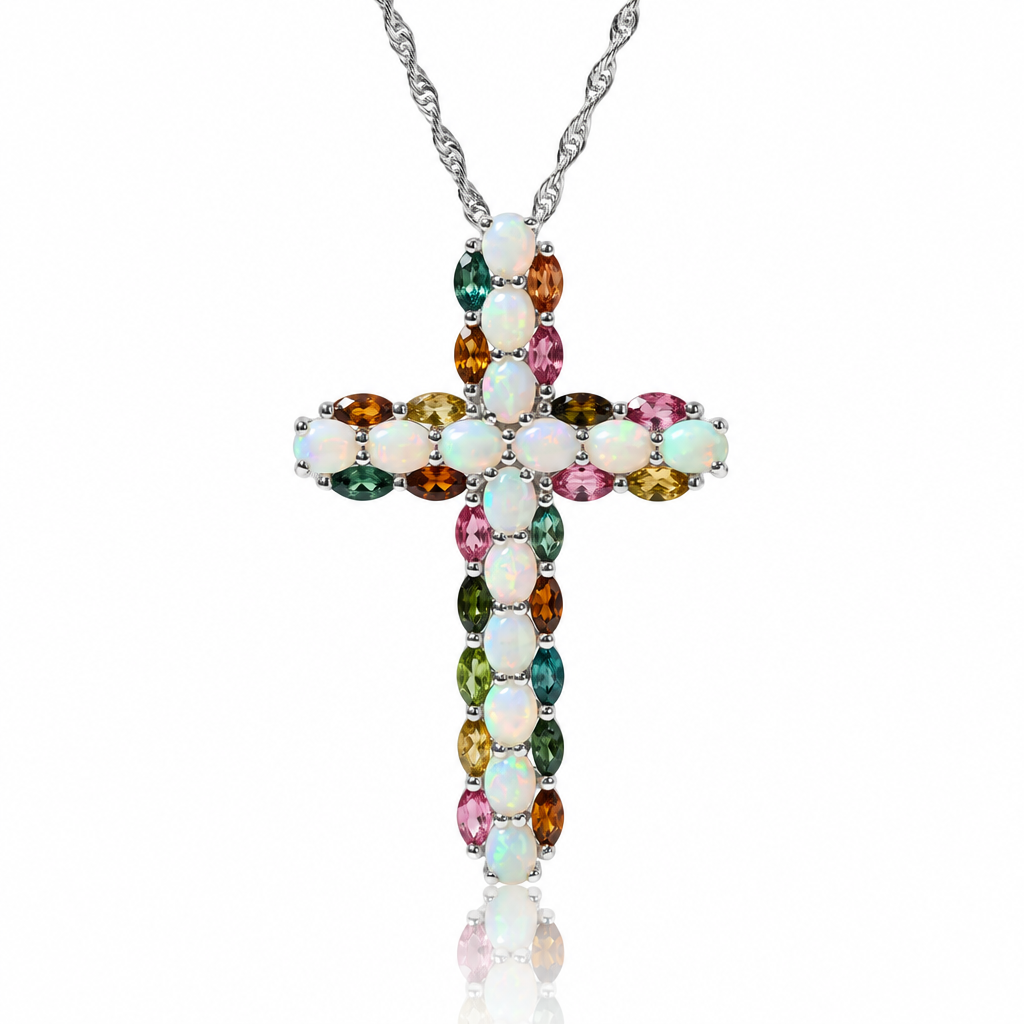 Oval cut Opal & Multi Gemstones Cross Pendant Necklace-Black Diamonds New York