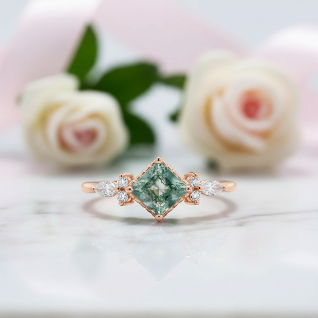 Princess Cut Moss Agate Art Deco Vintage Engagement Ring Set-Black Diamonds New York