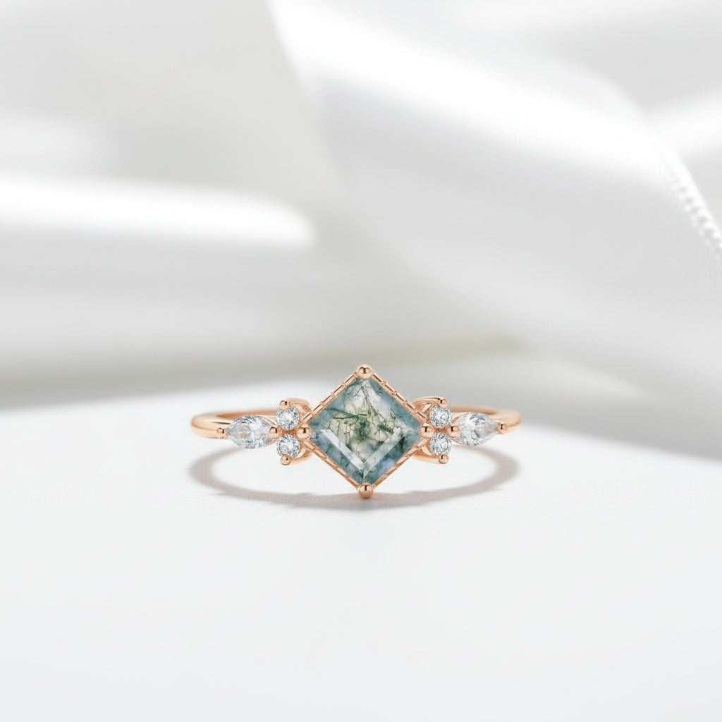 Princess Cut Moss Agate Art Deco Vintage Engagement Ring Set-Black Diamonds New York