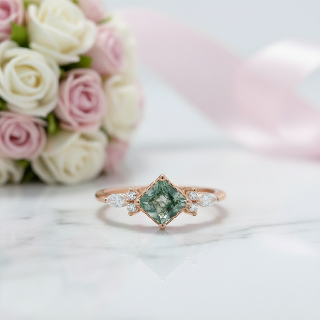 Princess Cut Moss Agate Art Deco Vintage Engagement Ring Set-Black Diamonds New York