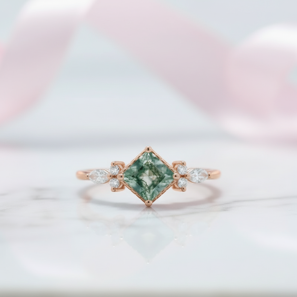 Princess Cut Moss Agate Art Deco Vintage Engagement Ring Set-Black Diamonds New York