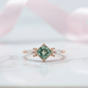 Princess Cut Moss Agate Art Deco Vintage Engagement Ring Set-Black Diamonds New York