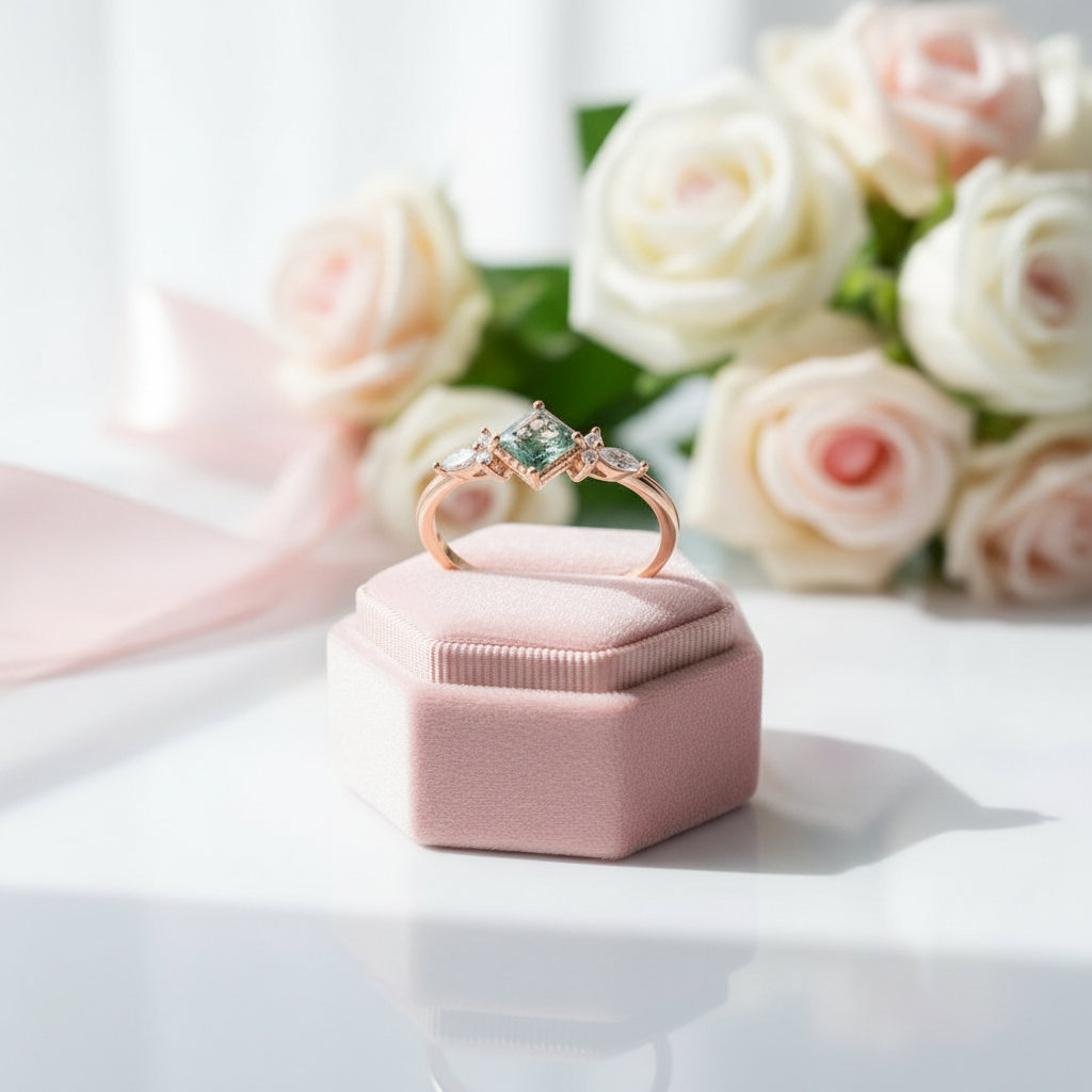 Princess Cut Moss Agate Art Deco Vintage Engagement Ring Set-Black Diamonds New York