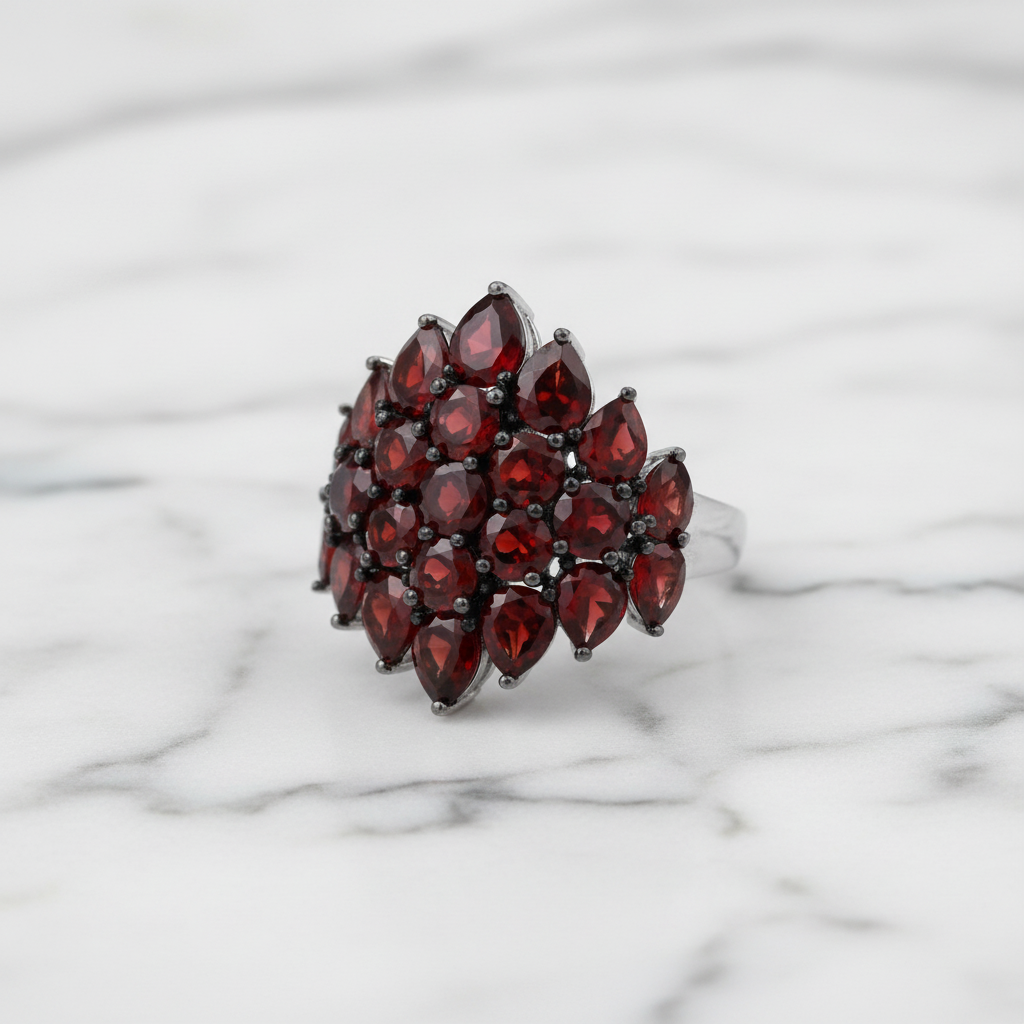 Exquisite Red Garnet Simulant Ring-Black Diamonds New York