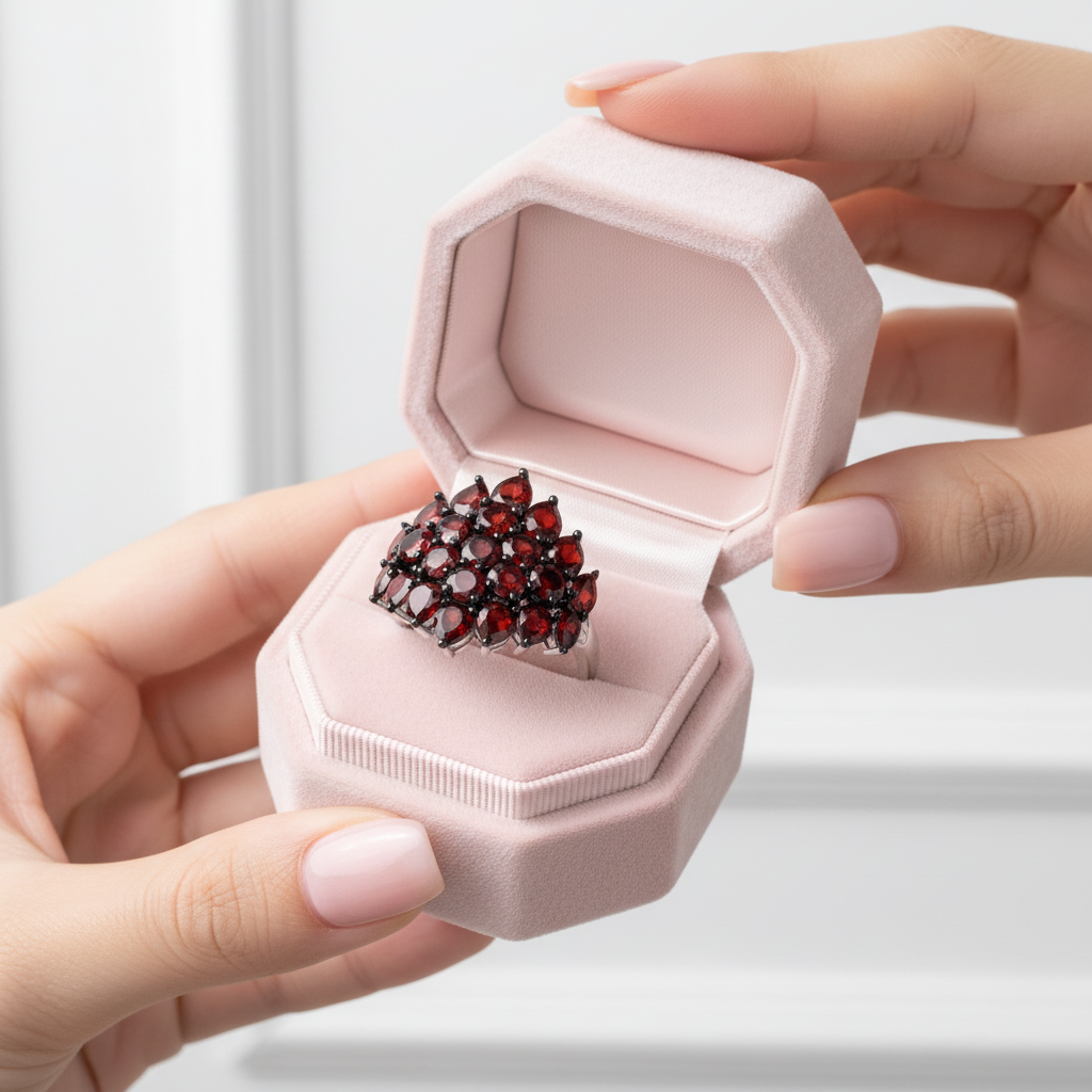 Exquisite Red Garnet Simulant Ring-Black Diamonds New York