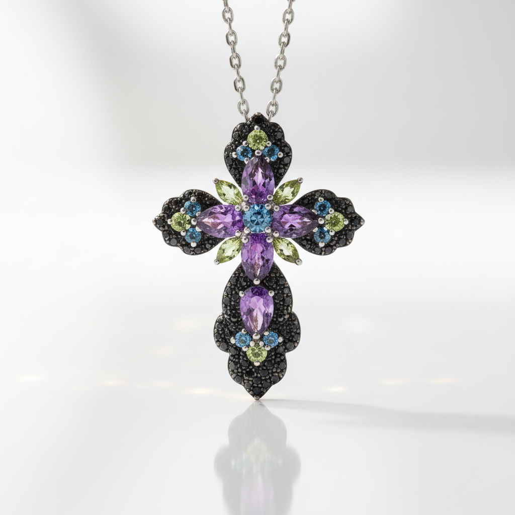 Bohemian Multicolor Gemstones Cross Necklace-Black Diamonds New York