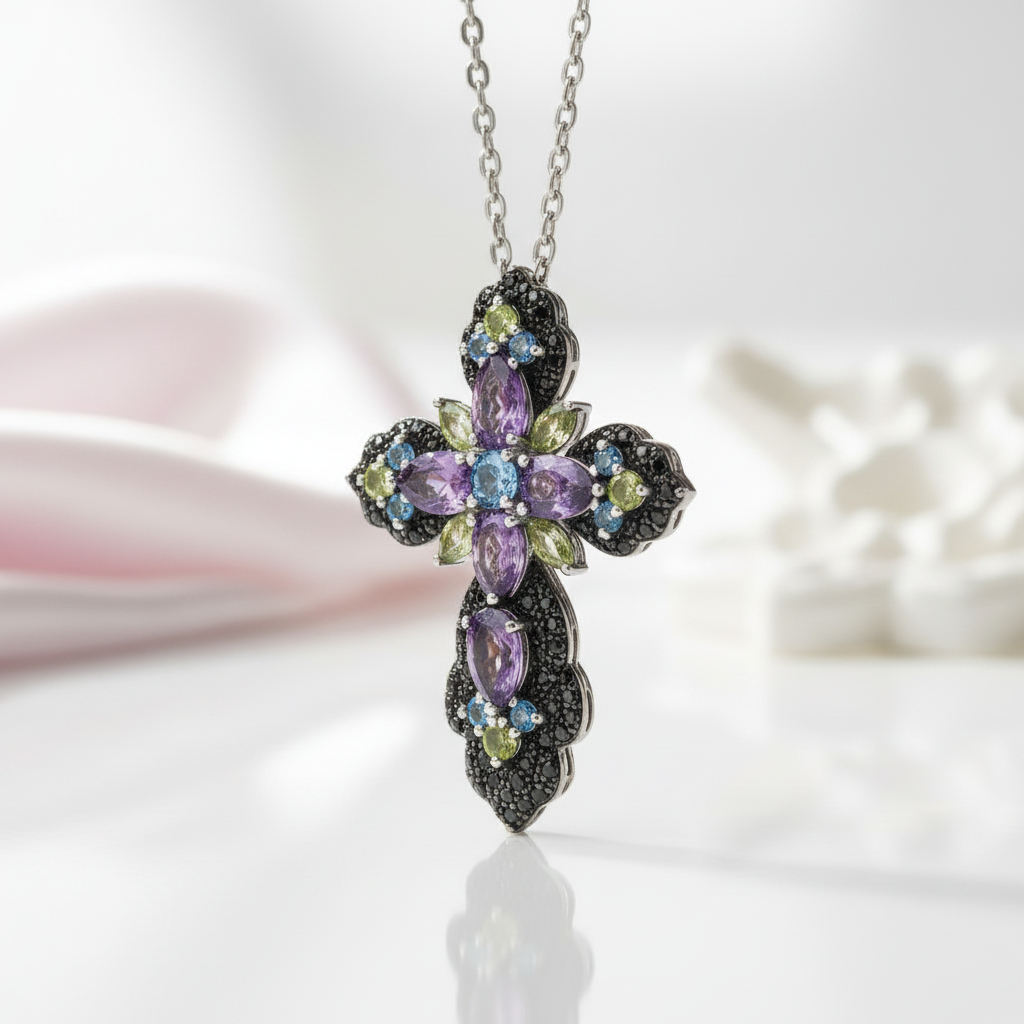 Bohemian Multicolor Gemstones Cross Necklace-Black Diamonds New York