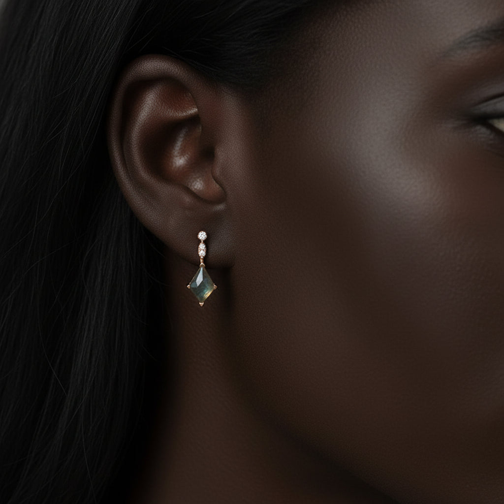 Kite Shaped Moss Agate Yellow Gold Earrings-Black Diamonds New York