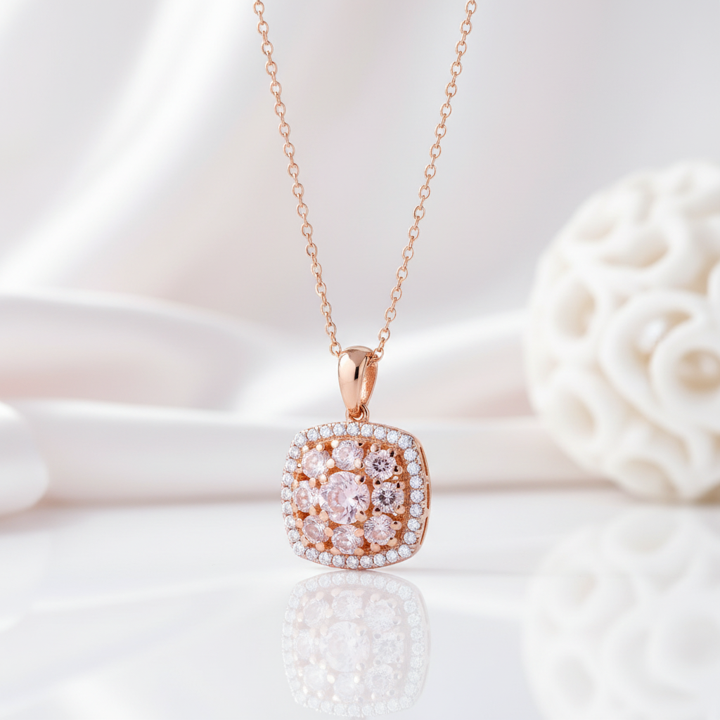 Round-cut Morganite Halo Rose Gold Necklace-Black Diamonds New York