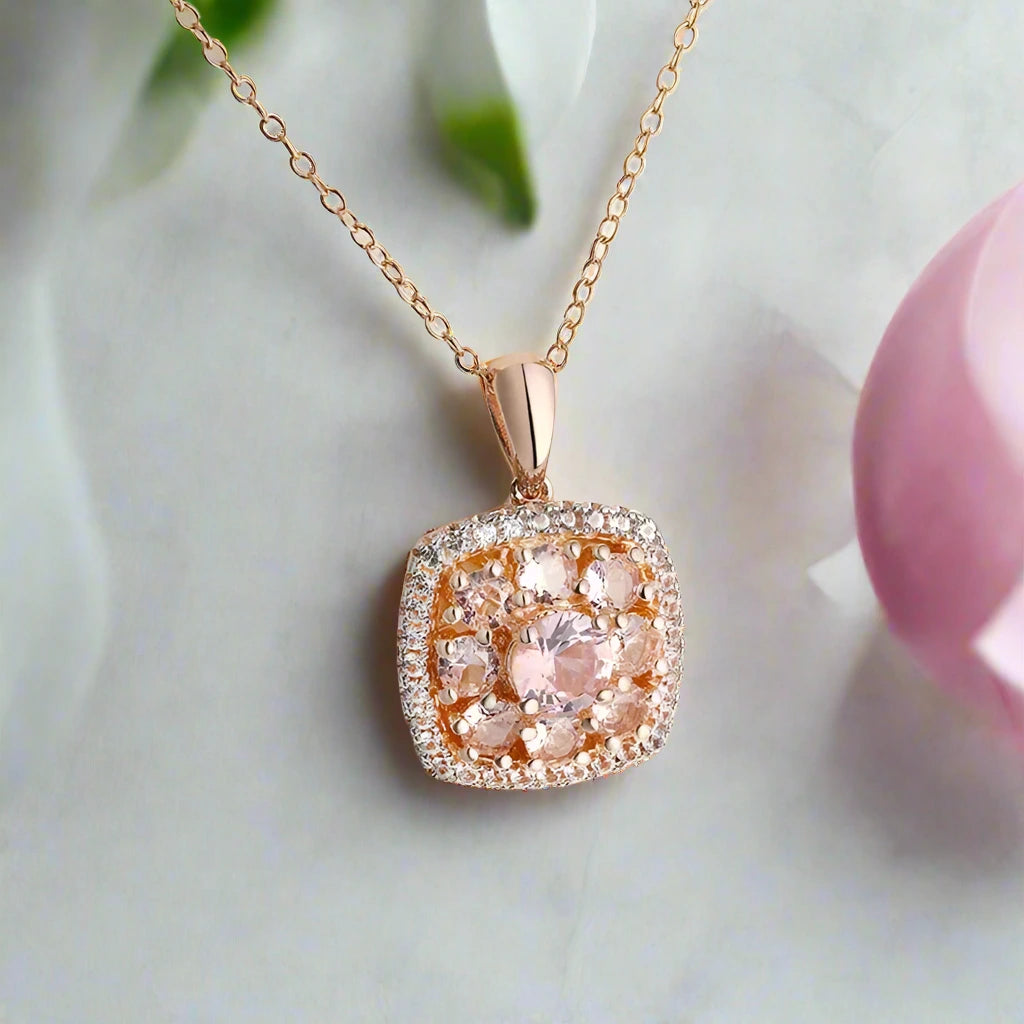 Round-cut Morganite Halo Rose Gold Necklace-Black Diamonds New York