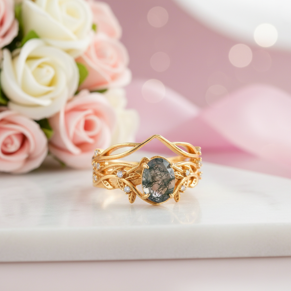 Oval-cut Moss Agate Leaf Design Ring Set-Black Diamonds New York