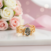 Oval-cut Moss Agate Leaf Design Ring Set-Black Diamonds New York