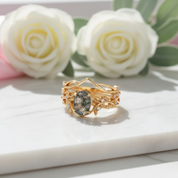 Oval-cut Moss Agate Leaf Design Ring Set-Black Diamonds New York