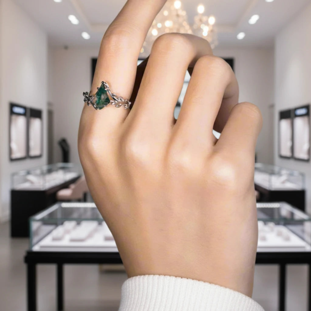 Kite Cut Natural Moss Agate Engagement Ring-Black Diamonds New York