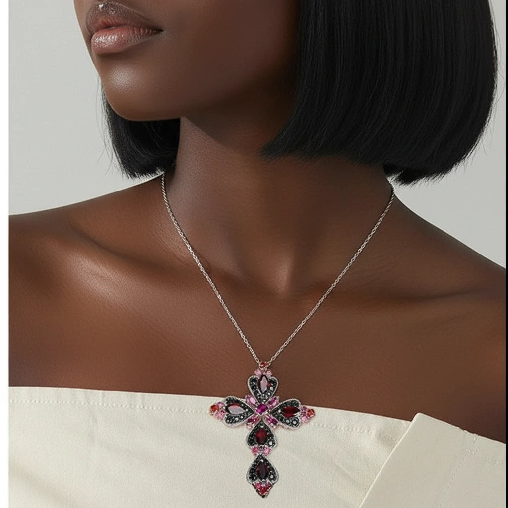 Created Rhodolite Garnet & Black Spinel Cross Bohemian Pendant Necklace-Black Diamonds New York